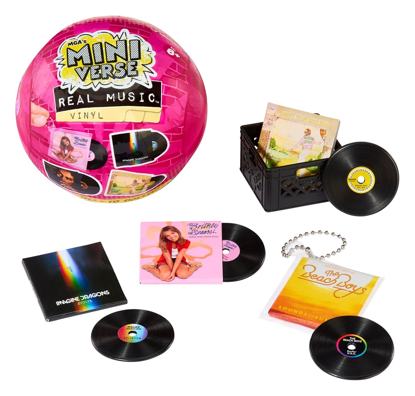 MGA's Miniverse Real Music Vinyl Mystery Blind Packaging, Mini Playable Records, 4 Vinyl Records per Pack, Sleeve & Keychain, Collectors, Gift, Britney Spears, Elton John, TLC