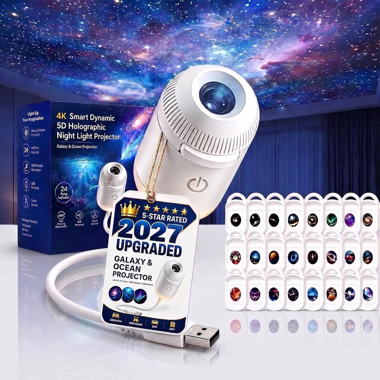 2027 Upgraded Hd Smart Dynamic 5d Holographic Night Light Projector, Plug and Play Hd Star Projector, 360° Adjustable Galaxy and Ocean for Bedroom Ceiling（24 Projection Films）