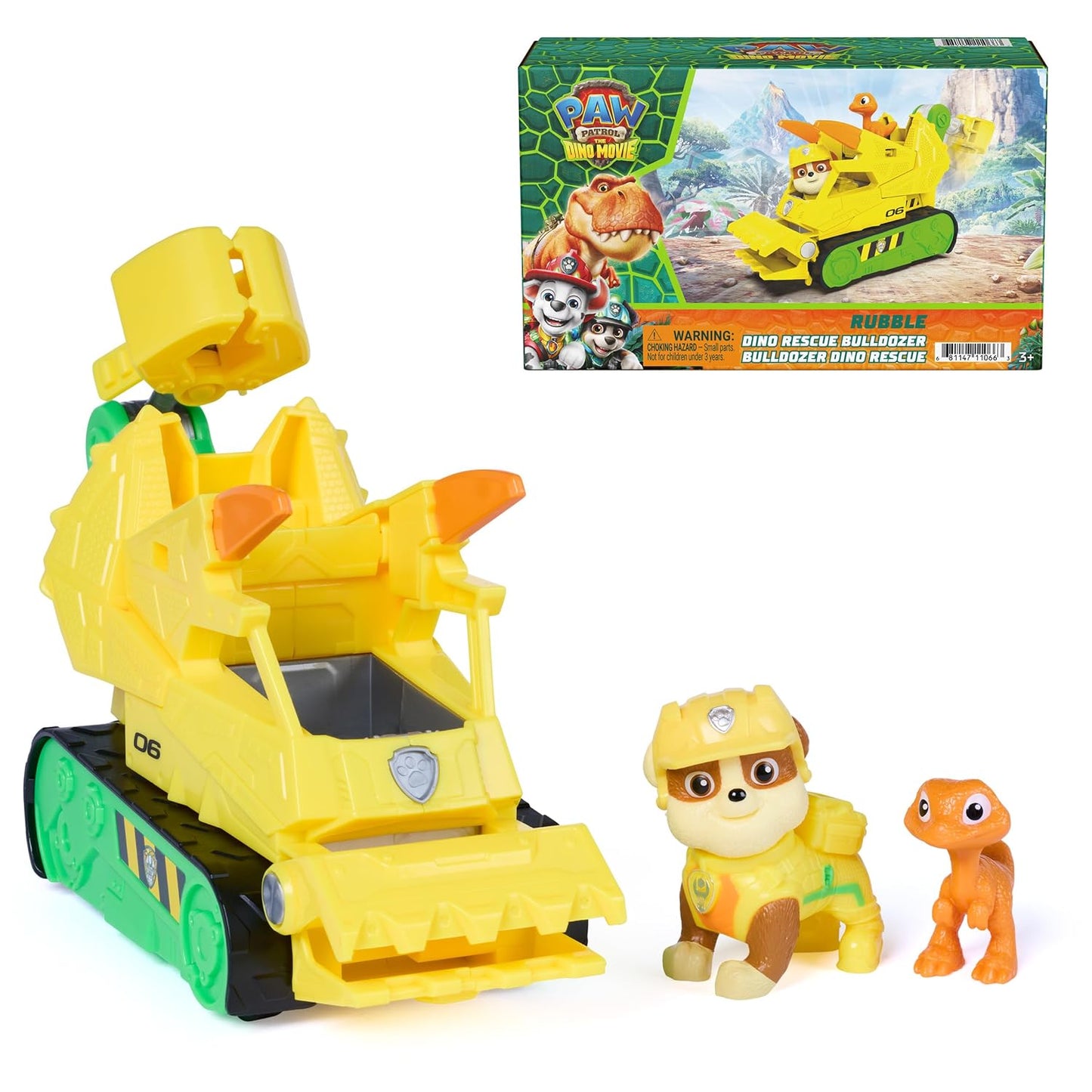 PAW Patrol The Dino Movie Rubble Dino Rescue Bulldozer Toy Truck | 7-Inch Toy Construction Vehicle, Chomping Front Scoop, Articulated Back Claw, Rubble & Dinosaur Figures, Kids Toys Ages 3+