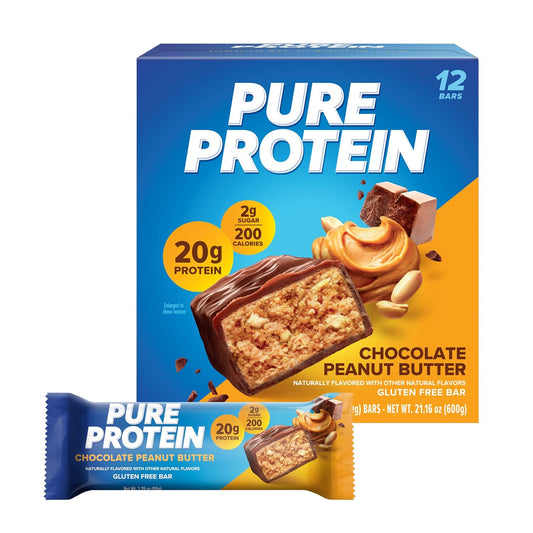 Pure Protein Chocolate Peanut Butter Protein Bars ‰ÛÒ 20g Protein, 3g Sugar, 190 Calories (12 count) Low Sugar* High Protein Snack - Gluten Free - Perfect for a Healthy Snack