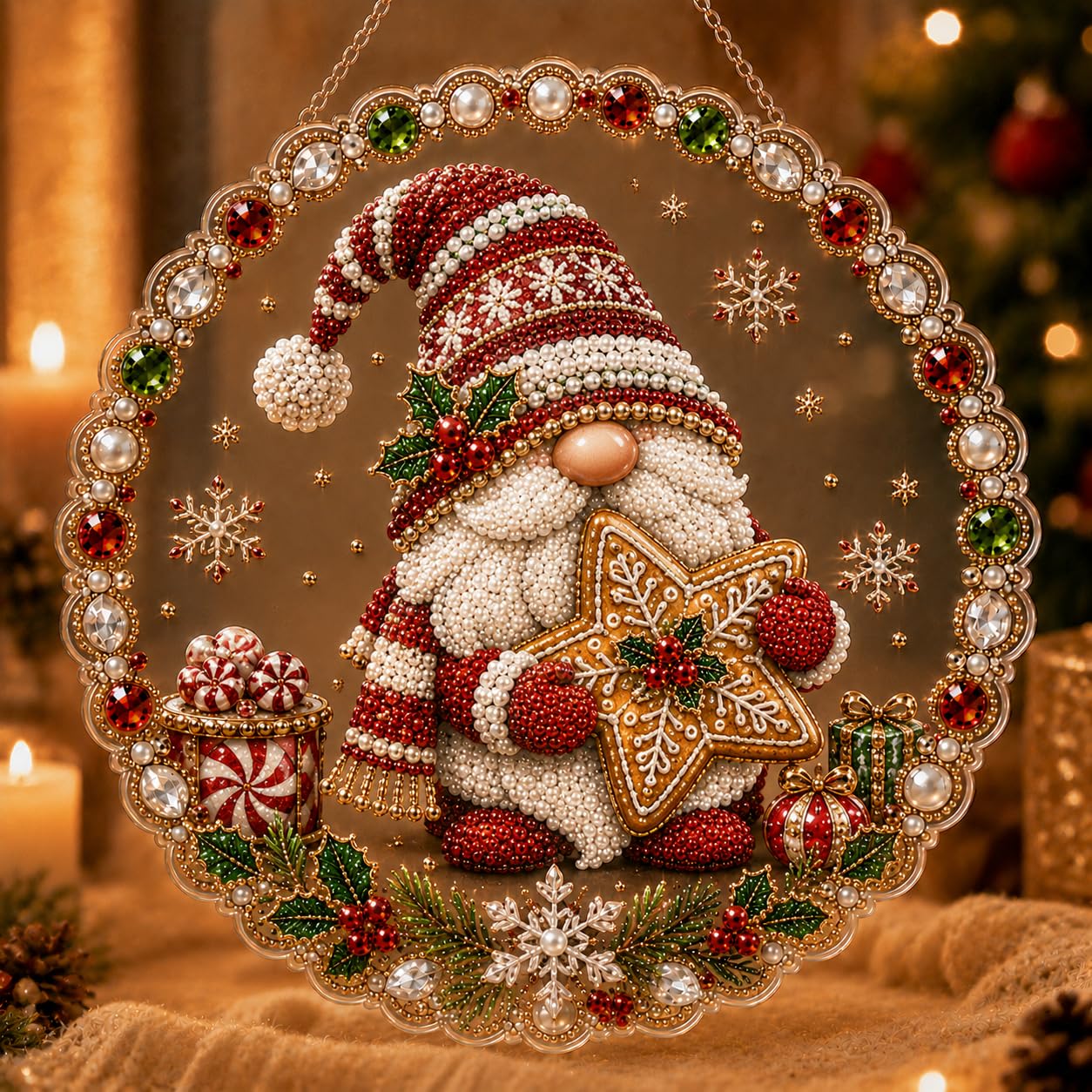 AYTHSRIC Christmas Pearl Diamond Painting Suncatcher Kit, Acrylic DIY Diamond and Pearl Art Painting, Christmas Diamond Painting Hanging Pendant, 3D Mixed-Sized Pearl Beads Craft (Style 7, 8×8in)