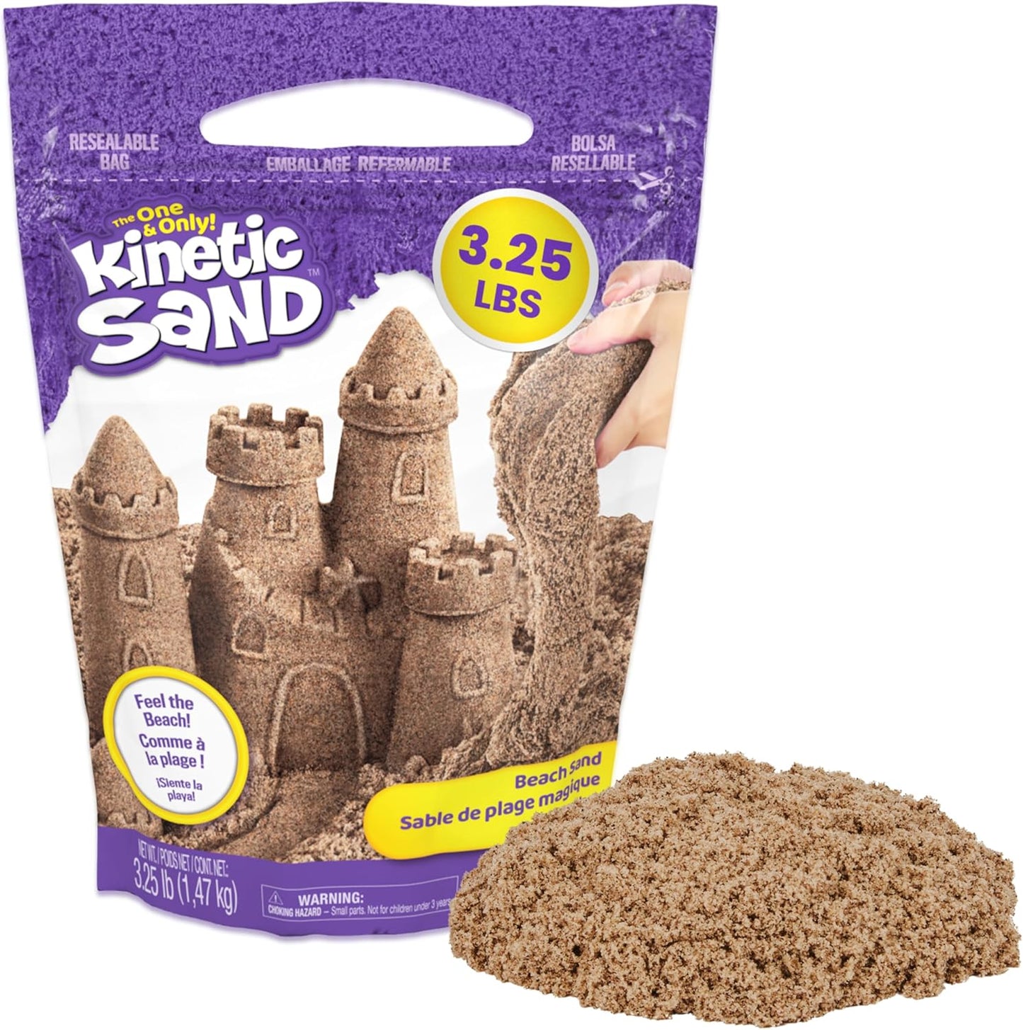 Kinetic Sand, 3.25lbs Beach Play Sand, Amazon Exclusive, Moldable Sensory Toys for Kids, Resealable Bag (Packaging May Vary), for Ages 3 and up