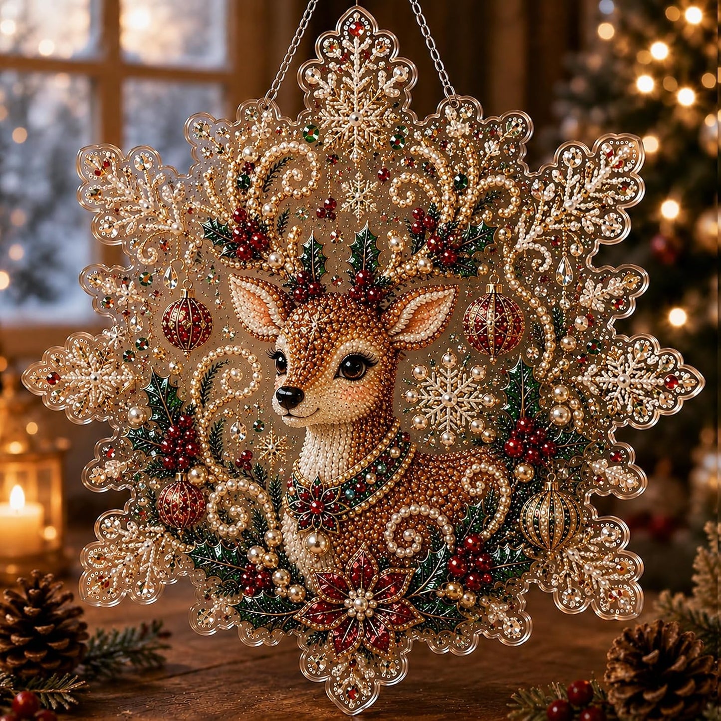 LJSCQF Christmas Pearl Diamond Painting Suncatcher Kit, DIY Craft | Pre-Assembled Metal Chain, Acrylic Snowflake Shape Board with Lace Edge, 3D Mixed-Sized Pearl Beads Craft (Style C, 8IN)