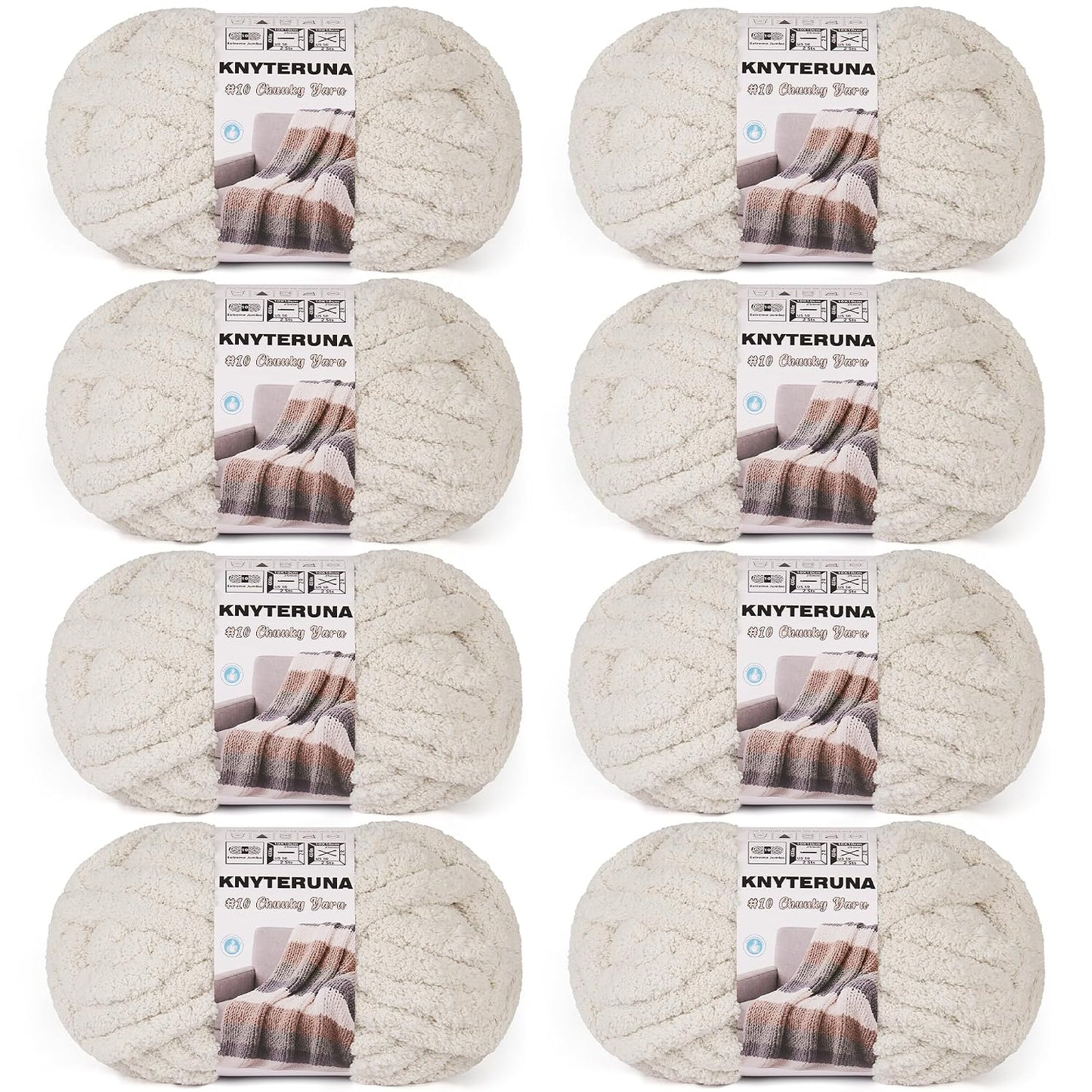 Chunky Yarn for Hand Knitting, #10 Chunky Blanket Chenille Yarn, Large Bulky Thick Jumbo Yarn, Super Chunky Knit Yarn for Crocheting, 8 Skein (8 oz 22 yds Each Skein), Beige White