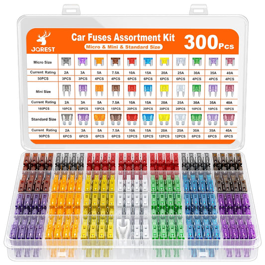 JOREST 300Pcs Car Fuse Assortment Kit, 160 Mini Blade Fuses Automotive + 90 Standard Auto Fuses + 50 Micro + Puller ‰ÛÒ Replacement for RV Camper Boat Truck (2Amp 3A 5A 7.5A 10A 15A 20A 25A 30A 35A 40A)