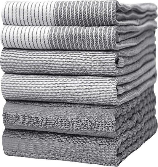 Premium Kitchen Towels (20‰۝x 28‰۝, 6 Pack) | Large Cotton Dish Towels | Flat & Terry Highly Absorbent Kitchen Linen Set with Hanging Loop | Gray
