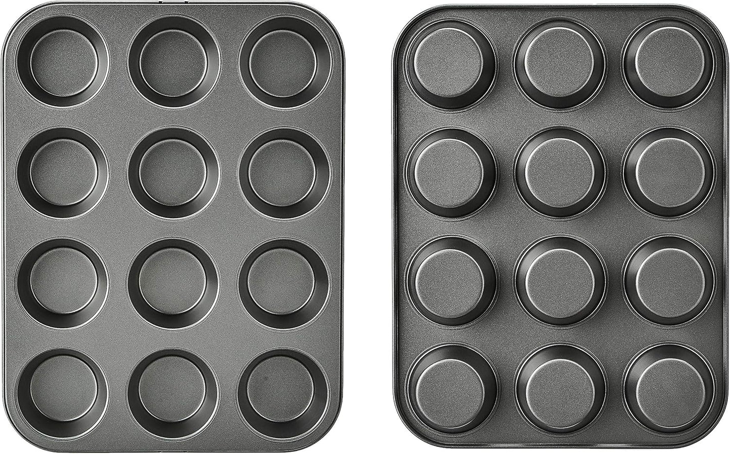 Amazon Basics Nonstick Muffin Pan, Set of 2, Sturdy, Oven Safe, Bakes Evenly, Easy to Clean, 12 Cups, Gray, 13.9x10.55x1.22"